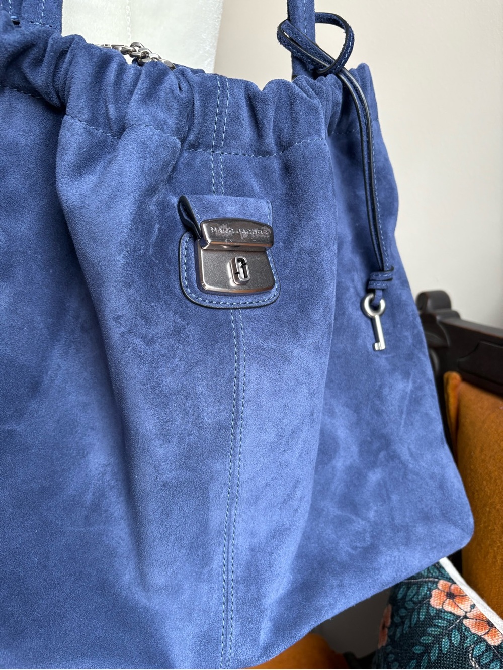 Blue Suede Drawstring Tote Bag - Picture 2 of 9